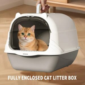 enclosed cat litter box with scoop and mat