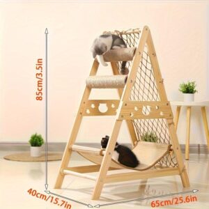 wooden cat tree with scratching posts and climbing net