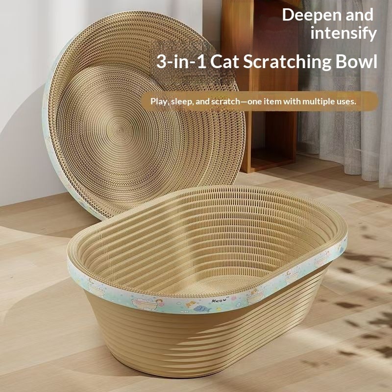 Oval-Shaped Cat Scratching Post With A Deep Corrugated Paper Basin, Suitable For Cats To Scratch And Use As A General Cat Bed